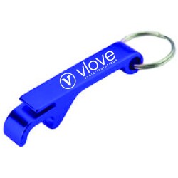 Pack de 100 Porte-clé bleu métallisé avec décapsuleur gravé en blanc