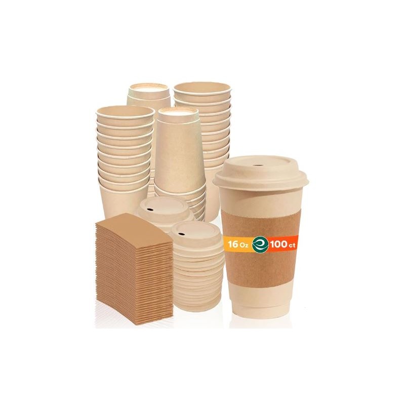 100 Tasses KRAFT 100 % compostables avec couvercles - 16 OZ - 14cm