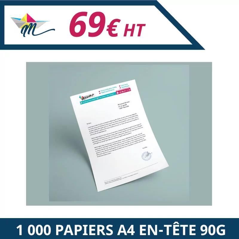 1 000 papiers à en-tête A4 90g - Papier en-tête à personnaliser - Imprimeur Marseille Textile